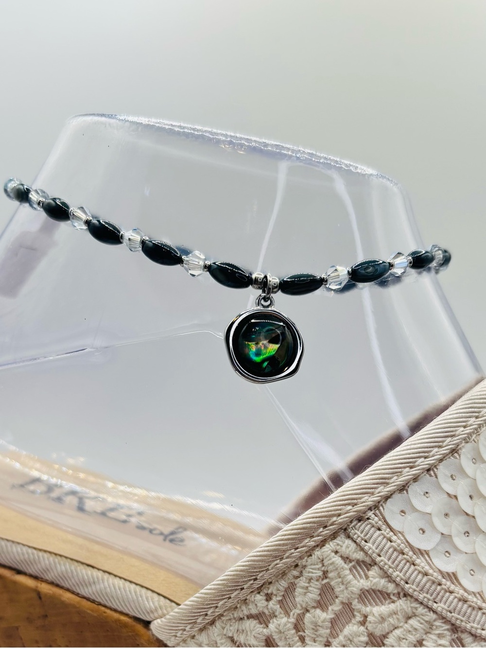 *ANKLET* S. Steel Abalone & Blue Black Shell with Blue Crystal Stretchy Anklet - Picture 4 of 7